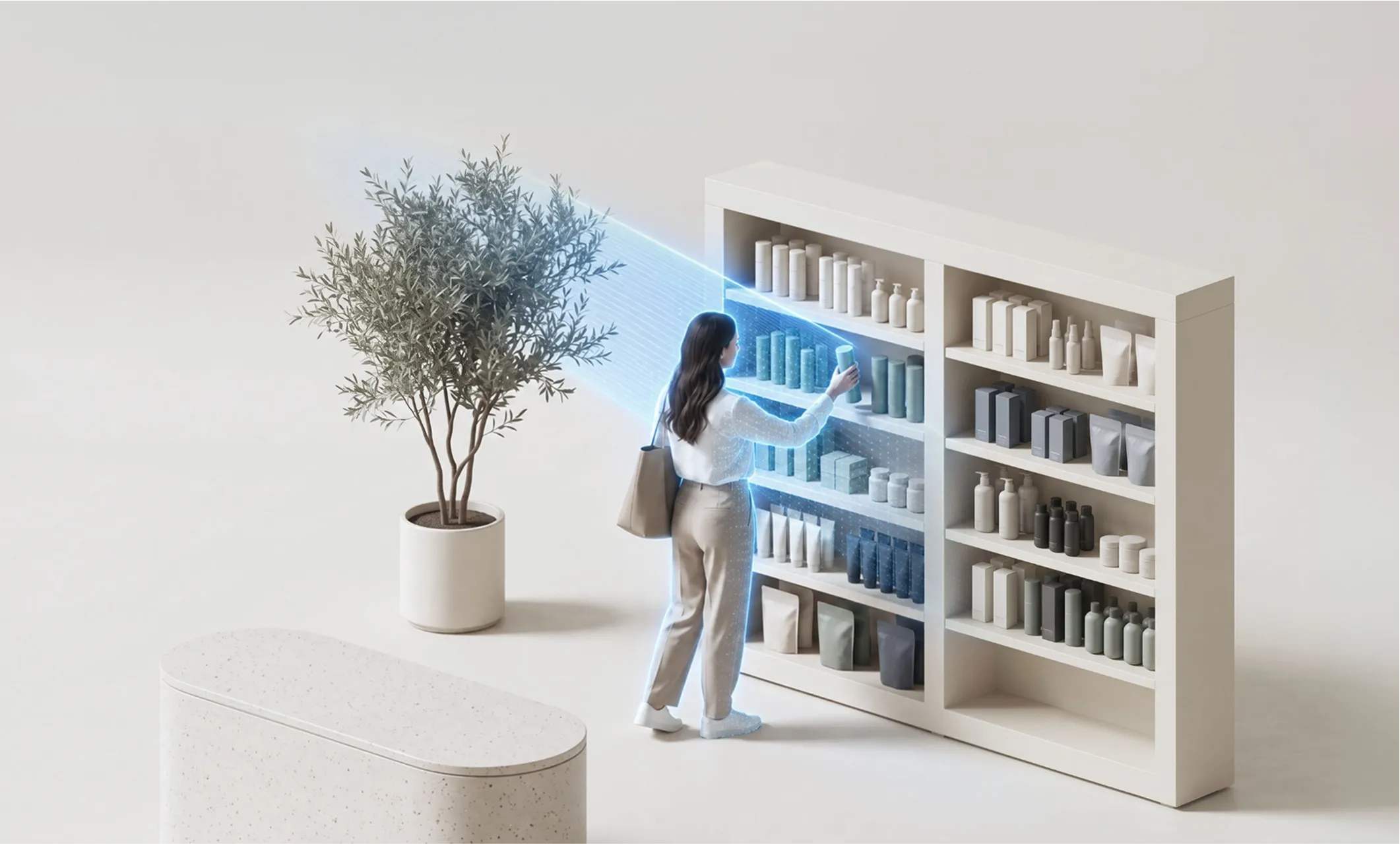 Retail shopper interacting with a shelf while Spactacle observes the interaction.